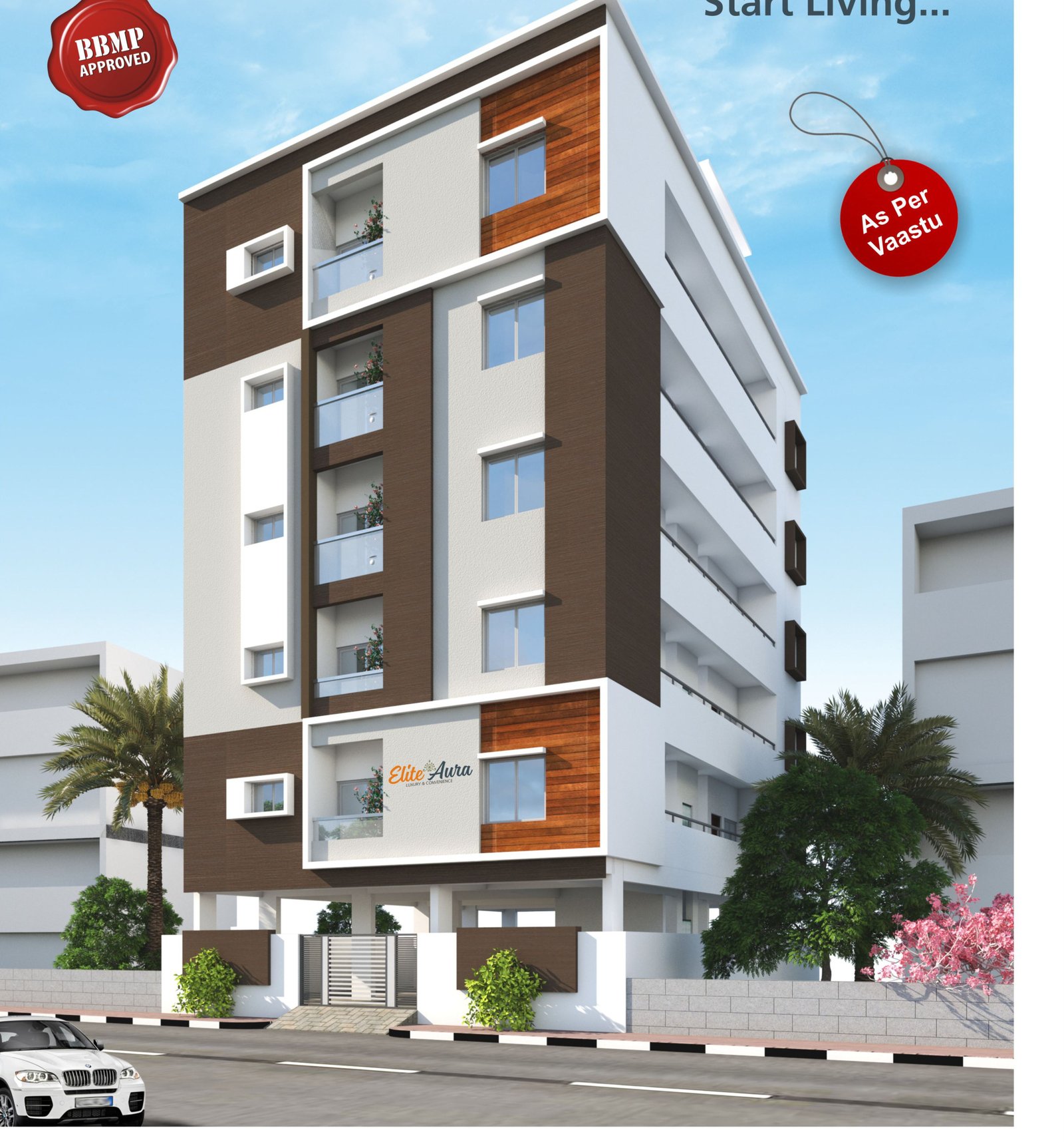Elite Aura brochure elevation with BBMP and Vaastu highlights