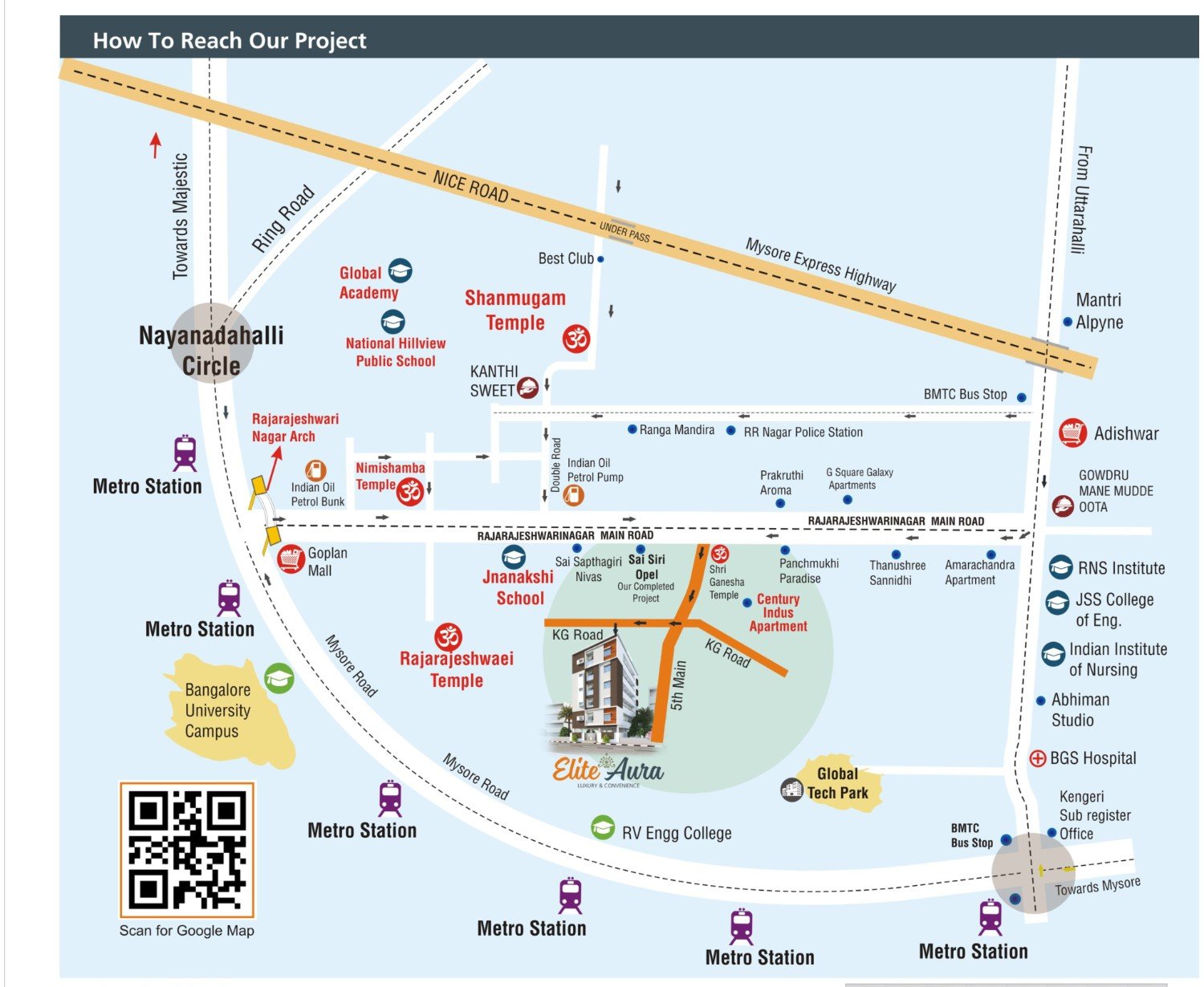 Elite Aura location map for Rajarajeshwarinagar