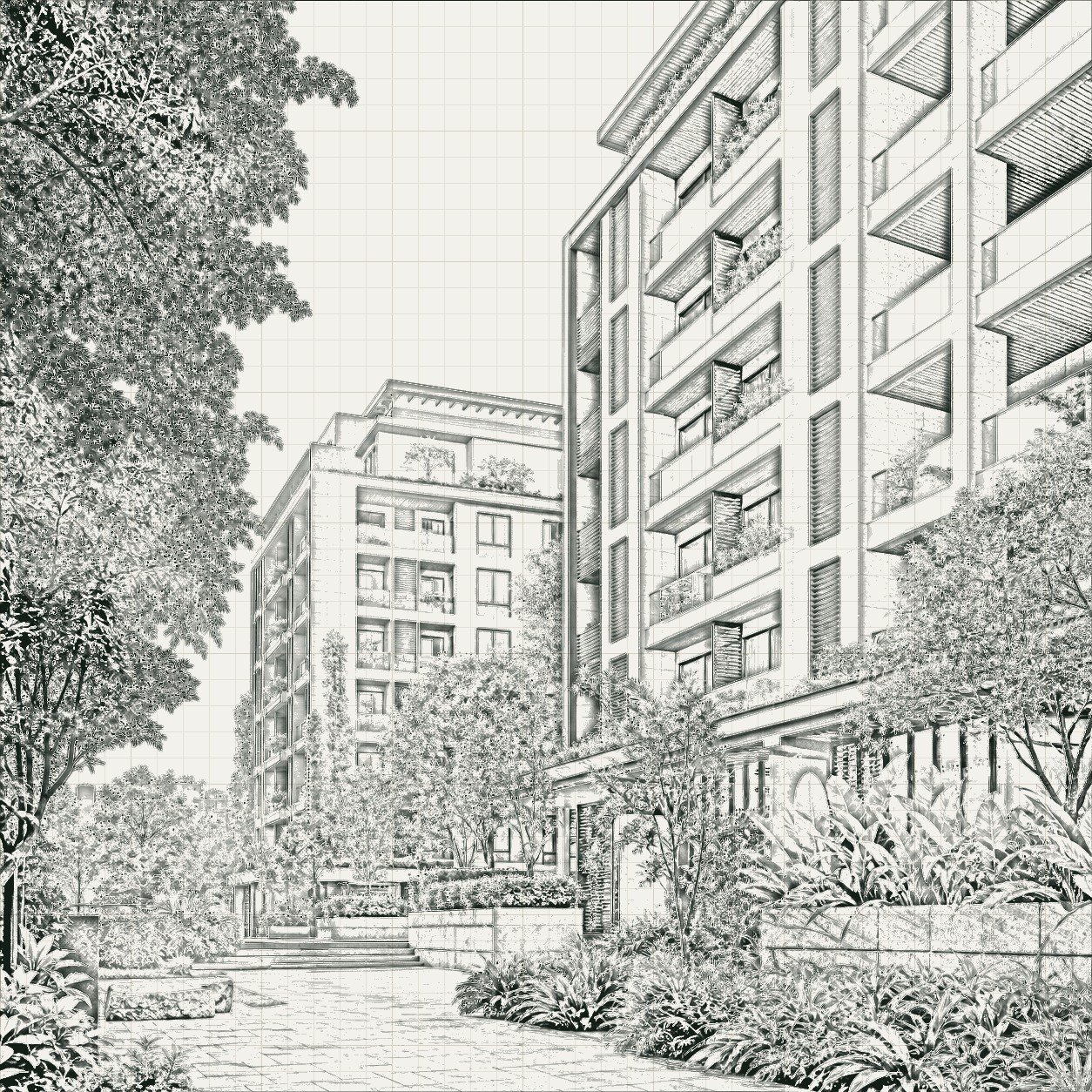 Architectural sketch of landscaped premium residences by Elite Green Arc