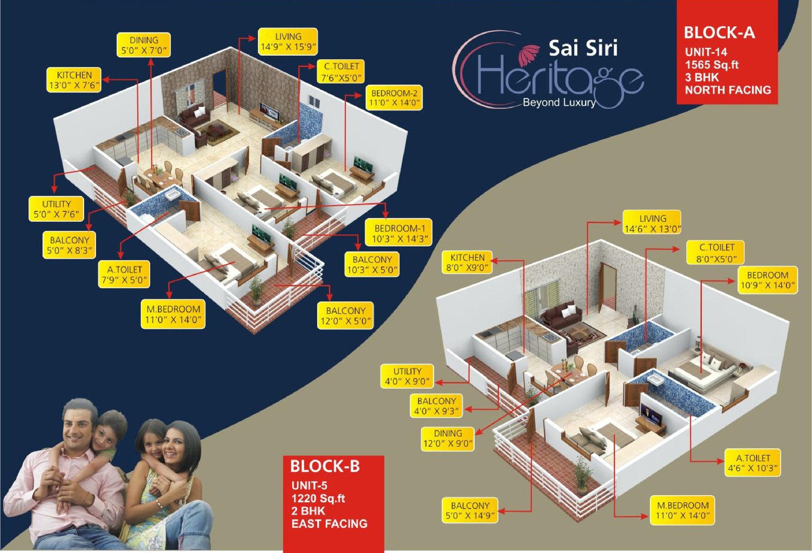 Isometric cutaway views of a 3 BHK and a 2 BHK home at Sai Siri Heritage